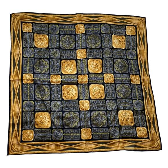 Anne Klein for Vera Neumann Silk Scarf Floral Grid Baroque Gray Made in Japan